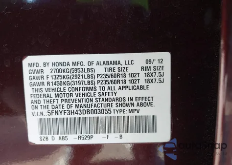 2013 Honda Pilot Ex z USA, uszkodzony, nr VIN 5FNYF3H43DB003055